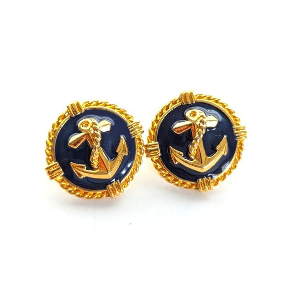 Unbranded Jewelry - Vintage Estate Navy Enamel Gold Tone Nautical Anchor Rope Stud Post Earrings